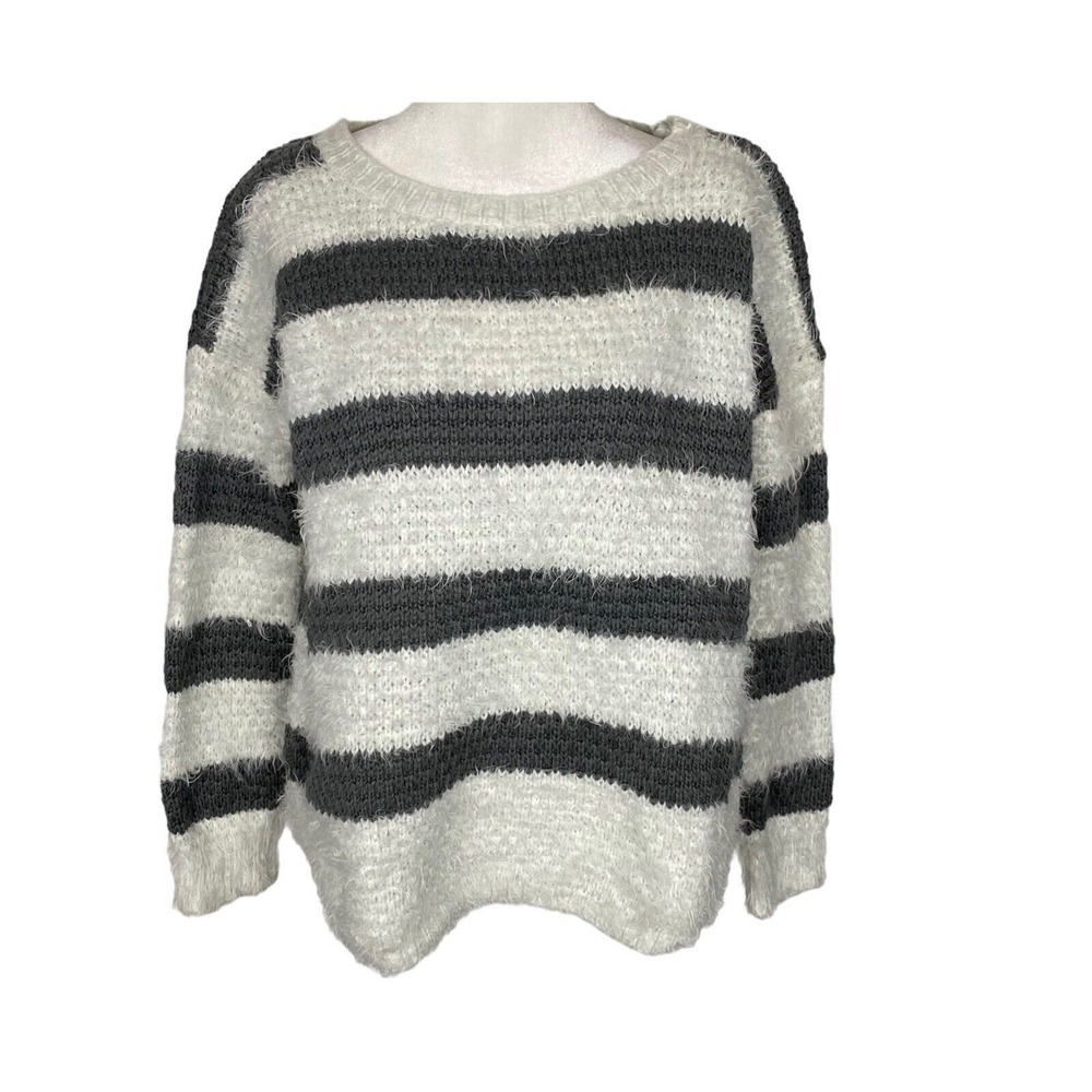 POL Women Pullover Oversized Long Sleeve Stripped Sweater Sz S White Gray 21-8